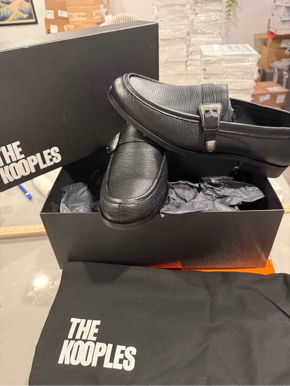 The Kooples Black Textured Leather Buckle Slip-On Loafers